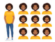 Young african man with different facial expressions set vector illustration isolated