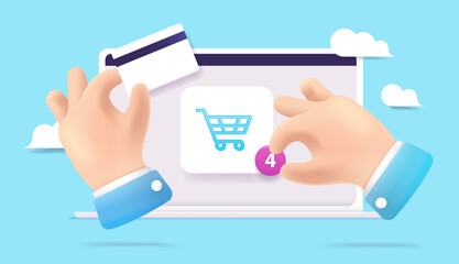 Aufkleber - Online shopping vector illustration - Hands interacting with shopping basket icon on computer. Web store concept.