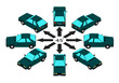 Rotation of the compact car by 45 degrees. Green old car in different angles in isometric.