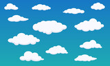 Fototapeta  - Different shape cartoon white clouds on blue background. Vector decoration element.