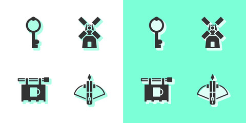 Sticker - Set Battle crossbow with arrow, Old key, Street signboard Bar and Windmill icon. Vector