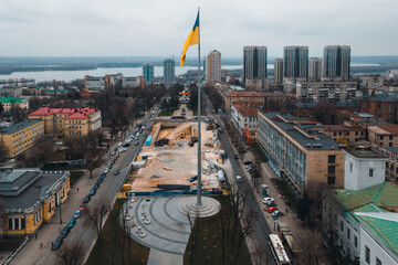 The largest flag of Ukraine in the city of Dnipro. Drone photography