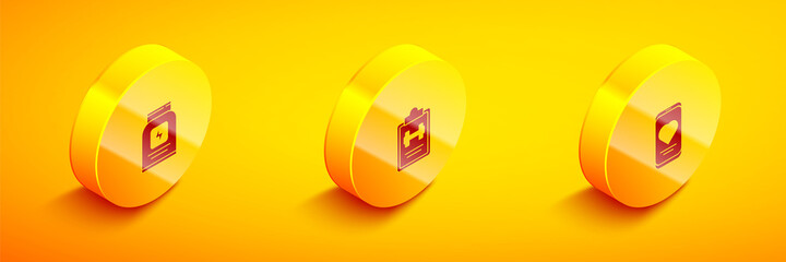 Set Isometric Sports nutrition, training program and Mobile with heart rate icon. Vector