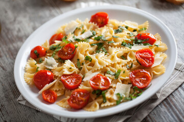 Wall Mural - Pasta with fresh tomatoes and basil. High quality photo