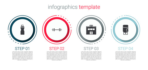 Sticker - Set Fitness shaker, Barbell, Gym building and Boxing glove. Business infographic template. Vector