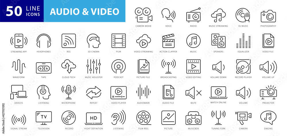 Audio Video Icons Pack. Thin line icons set. Flat icon collection set. Simple vector icons - obrazy, fototapety, plakaty 