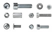 different bolts and nuts are isolated on a white background