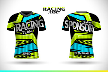 Sports racing jersey design. Front back t-shirt design. Templates for team uniforms. Sports design for football, racing, gaming jersey. Vector.