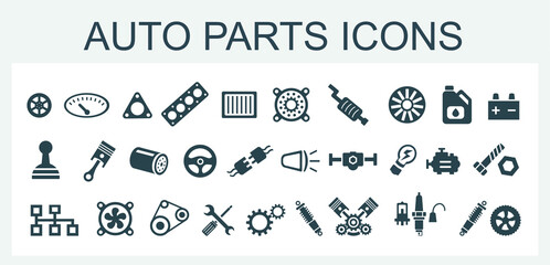 Wall Mural - A set of vector icons and logos with car parts, batteries, transmissions, electrical equipment, engines and other special equipment. Car service. Auto parts store.