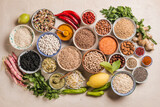 Fototapeta Mapy - Healthy food background, various legumes, grains and superfoods.