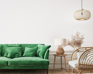 Wall Mural - Home interior mockup, green comfortable sofa on empty white wall with wooden furniture, 3d render