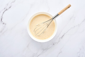 Preparation of dough for home pancakes for Breakfast or for Maslenitsa. Ingredients on the table - wheat flour, eggs, butter, sugar, salt, milk. Recipe step by step. Top view with place for text.