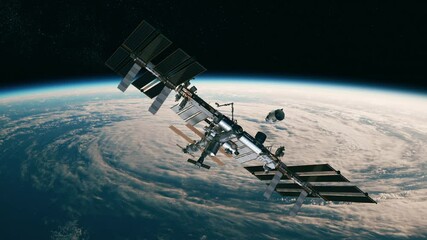 Wall Mural - commercial spacecraft docking to international space station on background of earth. 4k. ultra high 