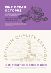 Wall Mural - Fine Ocean Seafood. Abstract Vector Packaging Design or Label. Modern Typography and Hand Drawn Octopus Sketch Silhouette with Sea Lighthouse Background Layout