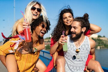 group of friends having fun time at music festival