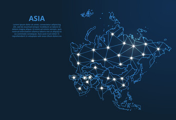 Wall Mural - Asia communication network map. Vector low poly image of a global map with lights in the form of cities. Map in the form of a constellation, mute and stars