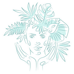 Girl face with tropical leaves line drawing. Leaves bouquet in woman head. Nature cosmetics. Minimalist hand draw artwork