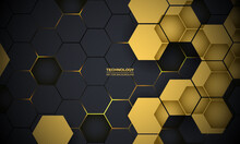 Dark Gray And Yellow Hexagonal Technology Abstract Vector Background. Yellow Bright Energy Flashes Under Hexagon In Futuristic Modern Technology Background. Dark Honeycomb Texture Grid.