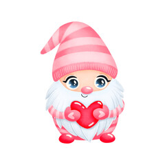 Illustration of cute cartoon valentine's day gnome in love isolated on white background