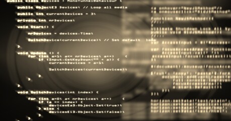 computer code processing against a black background, program coding and technology concept