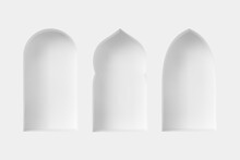 Set Of 3d Arabic Style Windows. Architectural Design Elements For Muslim Holidays. Realistic Minimal Style. Vector Illustration.