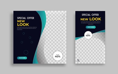 Wall Mural - set of editable minimal square banner template. green blue background color with geometric shapes fo