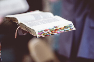 Wall Mural - Hand holding an open Bible book with bookmarks