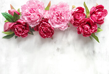 Wall Mural - Pink peony flowers bouquet marble texture Floral background