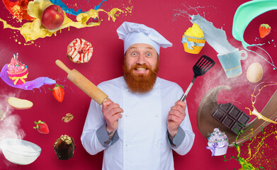 Poster - Man chef is happy to cook a new creative recipe. burgundy color background