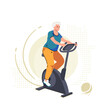 © Prostorina - Elderly senior woman on exercise bike. Home workout training on stationary bicycle. Sport indoor retirement, active mature pensioner illustration. Cardio cycling person, isolated vector concept