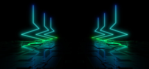 Wall Mural - sci fy neon lamps in a dark hall. reflections on the floor and walls. 3d rendering image.