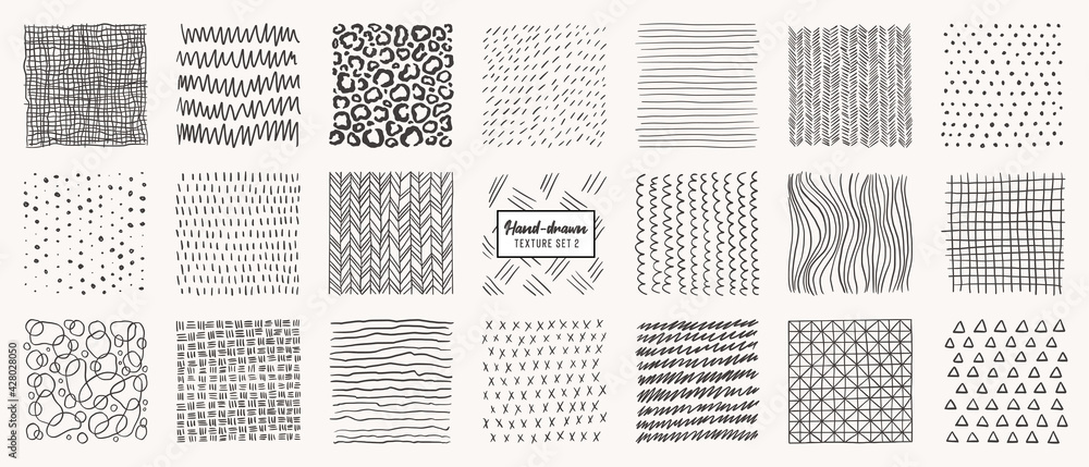 Set of hand drawn patterns isolated. Vector textures made with ink, pencil, brush. Geometric doodle shapes of spots, dots, circles, strokes, stripes, lines. Template for social media, posters, prints. - obrazy, fototapety, plakaty 