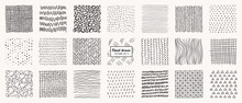 Set Of Hand Drawn Patterns Isolated. Vector Textures Made With Ink, Pencil, Brush. Geometric Doodle Shapes Of Spots, Dots, Circles, Strokes, Stripes, Lines. Template For Social Media, Posters, Prints.