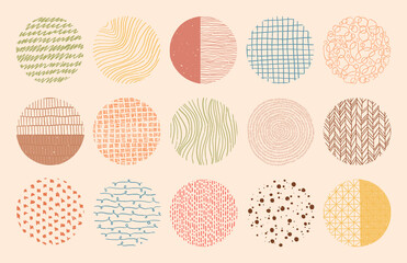 Vector colorful circle textures made with ink, pencil, brush. Geometric doodle shapes of spots, dots, strokes, stripes, lines. Set of hand drawn patterns. Template for social media or posters.