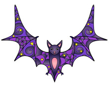 Bat - Vector Linear Color Illustration. Halloween Illustration With Flying Fox Flying Up - Multicolored Stained Glass Window Or Batik. Mosaic With A Bat Spreading Its Wings.