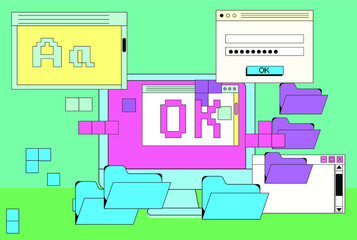 Set of flat retrowave UI and UX elements: dialog box, tab, button, modal window.