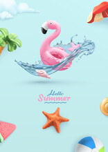 Hello Summer Background. 3d Vector Realistic Illustration. Flamingo Inflatable Toy, Starfish, Water Splash