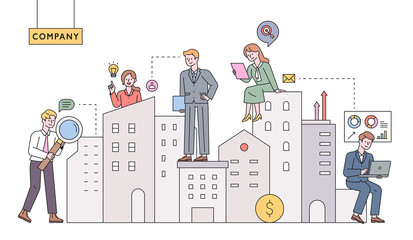 Wall Mural - real estate managers. business fiddles are working around high-rise buildings. flat design style min