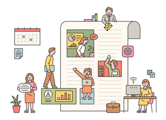 Wall Mural - business people working inside and outside a large paper layout. flat design style minimal vector il