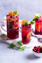 Fruit Cocktail With Apples, Cranberries, Oranges And Basil