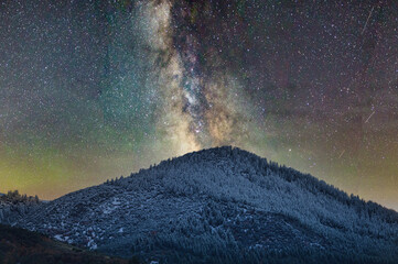 Beautiful view of the Milky Way Galaxy over a landscape with hills