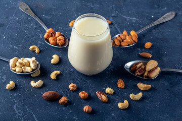 Glass of organic vegan dairy free milk from nuts. Healthy vegetarian alternative drink. Various types of nuts: cashew, hazelnuts, almonds and brazil nuts on dark background. Copy space for text.