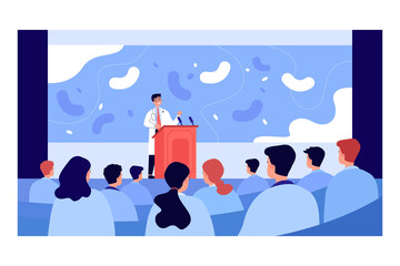 Wall Mural - Cartoon pharmacist giving presentation on seminar. Doctor making announcement to audience flat vector illustration. Healthcare, medicine, meeting concept for banner, website design or landing web page