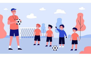 Wall Mural - cartoon coach training and teaching kids playing football. flat vector illustration. little smiling 