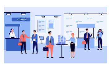 Wall Mural - businessmen talking to visitors at business exhibition. people at expo center showing products flat 