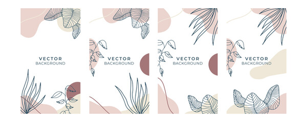Wall Mural - Social media stories and post creative Vector set. Background template with copy space for text and images design by abstract colored shapes, line arts , Tropical leaves warm color of the earth tone