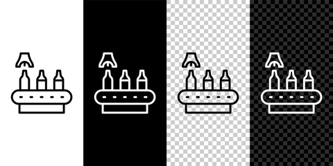 Canvas Print - Set line Brewery factory production line pouring alcoholic drink in glass bottles icon isolated on black and white,transparent background. Vector