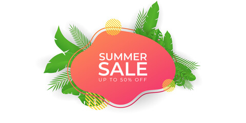 Sale banner with green summer palm leaves. Sale promotional material vector illustration. Design for social media banner, poster, email, newsletter, ad, leaflet, placard, brochure, flyer, web sticker