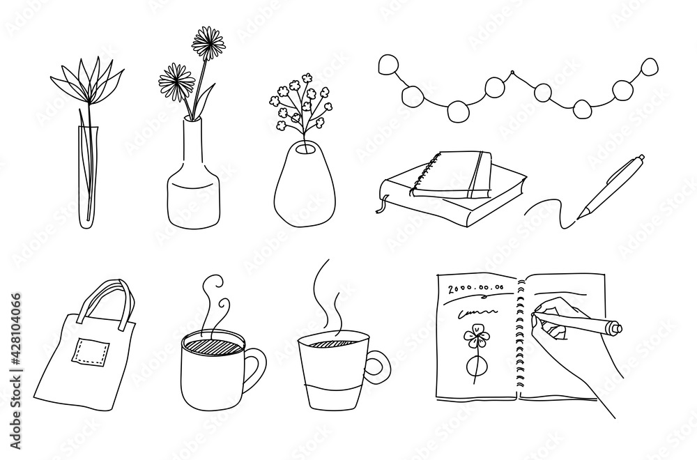 Fototapeta Kuchenna おしゃれな家のアイテムの手描きイラスト ライフスタイル コーヒー 花 花瓶 インテリア マグカップ Styl Zycia Kwiat Dom Fototapety Foteks Fototapeta Kuchenna おしゃれな家のアイテムの手描きイラスト ライフスタイル コーヒー 花 花瓶 インテリア マグカップ Styl Zycia Kwiat Dom Fototapety Foteks