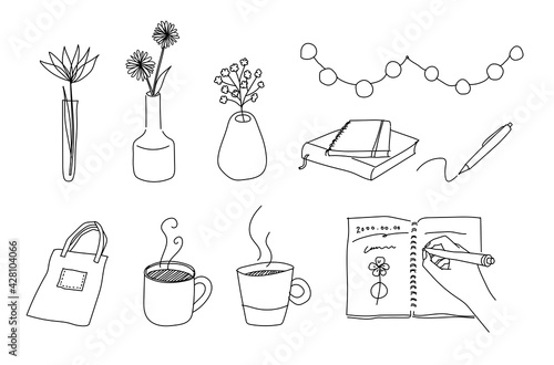 Fototapeta おしゃれな家のアイテムの手描きイラスト ライフスタイル コーヒー 花 花瓶 インテリア マグカップ Styl Zycia Kwiat Dom Fototapety Foteks Fototapeta おしゃれな家のアイテムの手描きイラスト ライフスタイル コーヒー 花 花瓶 インテリア マグカップ Styl Zycia Kwiat Dom Fototapety Foteks